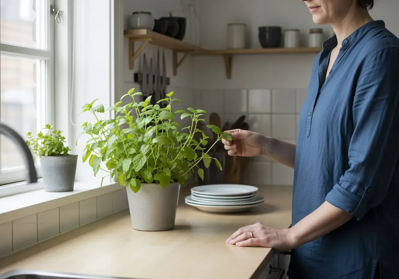 Citronmeliss i kruka och kök