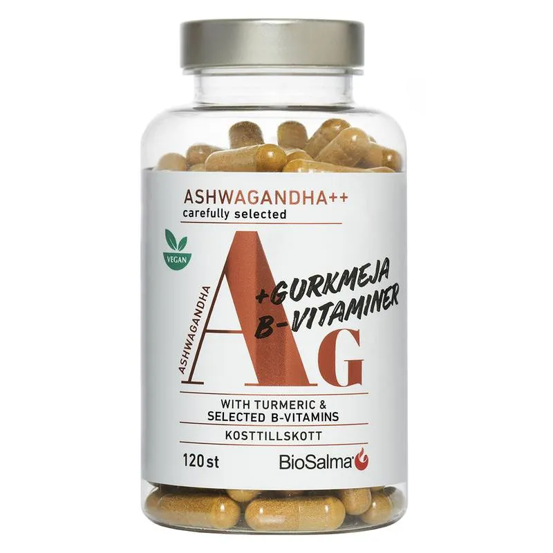 BioSalma Ashwagandha + Gurkmeja, B-vitaminer 120 tabletter