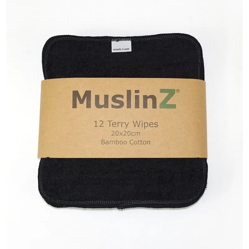 MuslinZ Bamboo Cotton Terry Wipes Black 12-pack