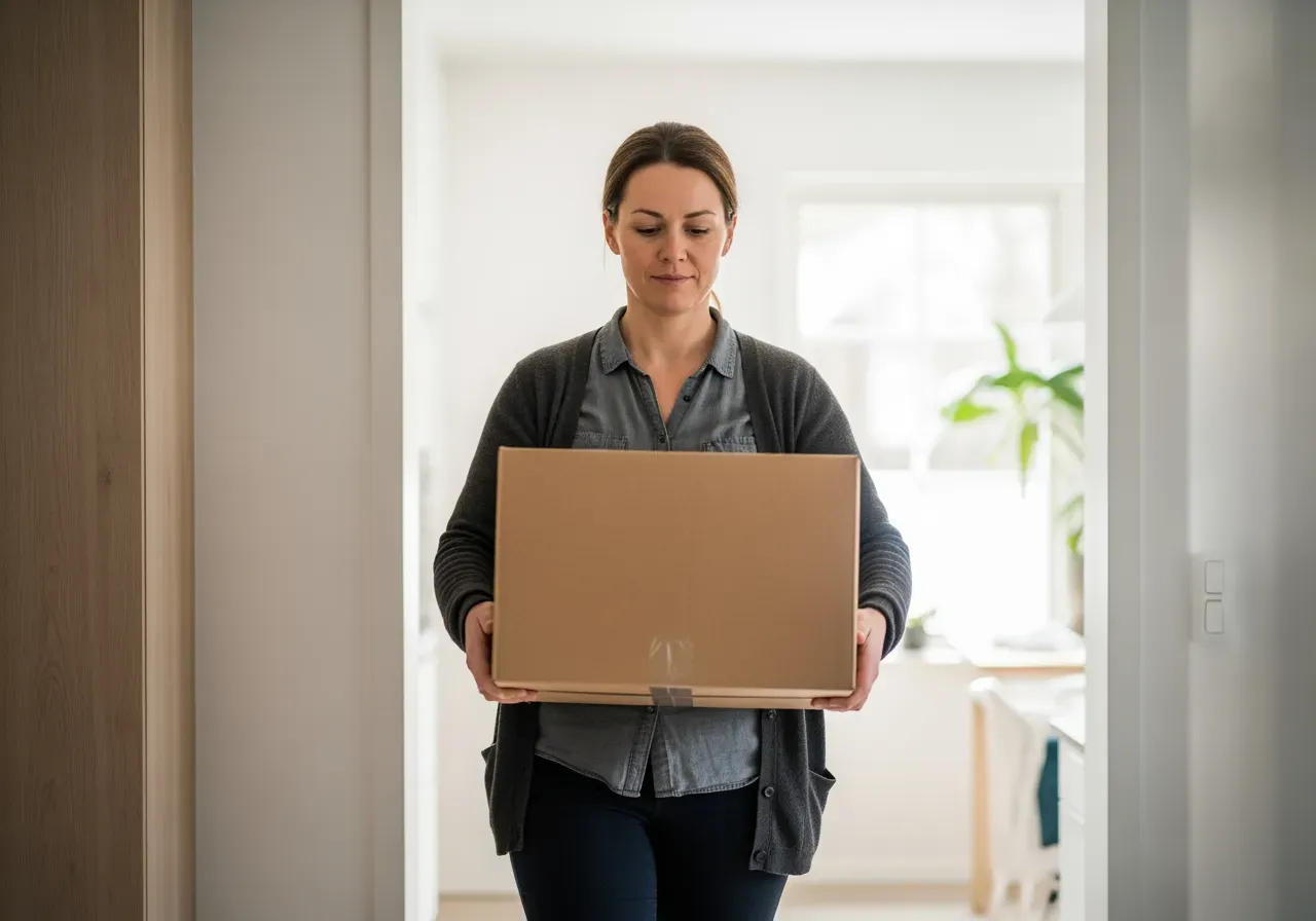Kvinna bär kartong